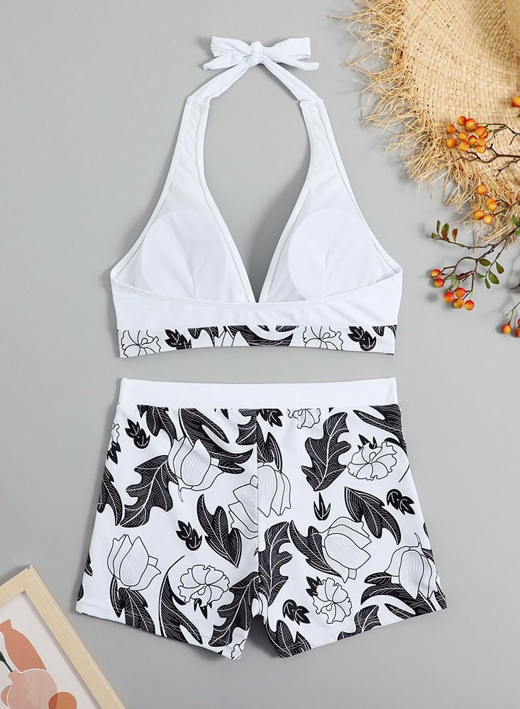 Loquat Swimsuit Halter Halter Leaf Print Bikini White  - Image 2