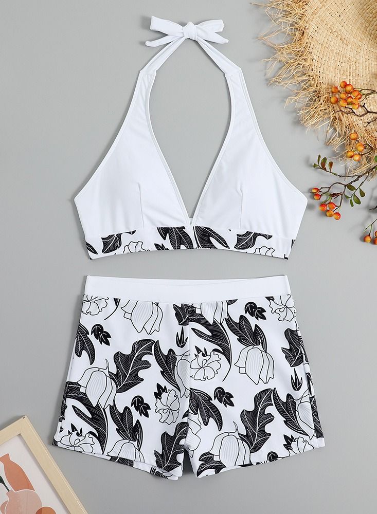 Loquat Swimsuit Halter Halter Leaf Print Bikini White  - Image 1