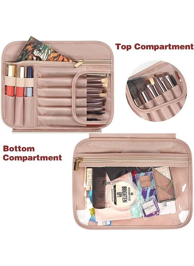 Arabest Hanging Travel Makeup Bag for Women, Large Waterproof Cosmetic Bags Travel Organizer Full Sized Container with Elastic Band Holders for Toiletries, Cosmetics, Brushes, Bottle, Pink  - Image 3