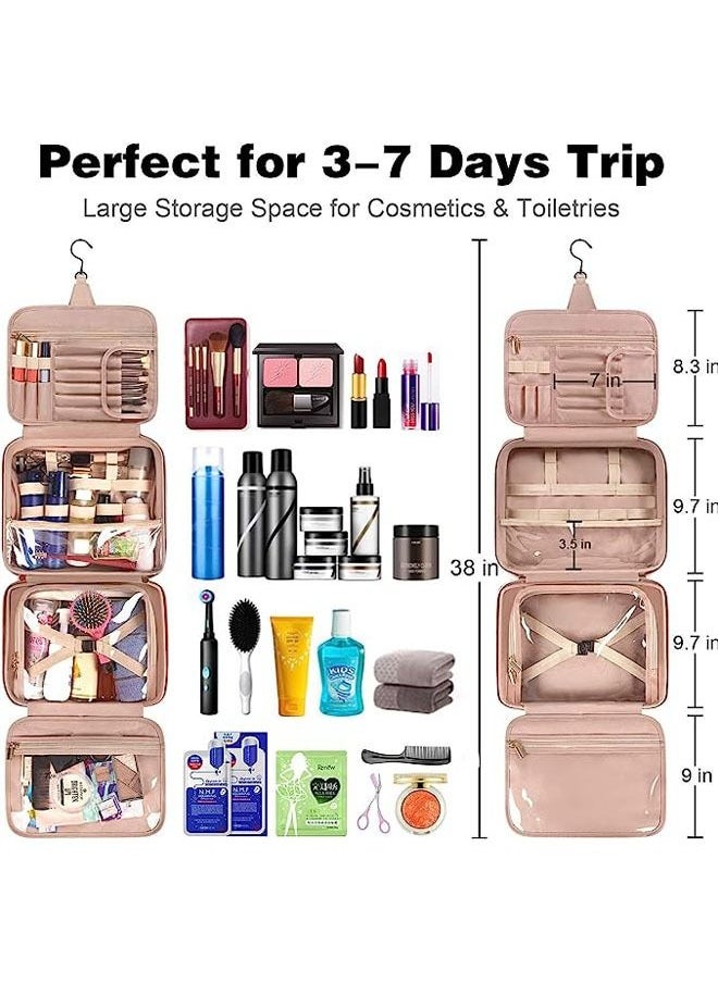 Arabest Hanging Travel Makeup Bag for Women, Large Waterproof Cosmetic Bags Travel Organizer Full Sized Container with Elastic Band Holders for Toiletries, Cosmetics, Brushes, Bottle, Pink  - Image 2