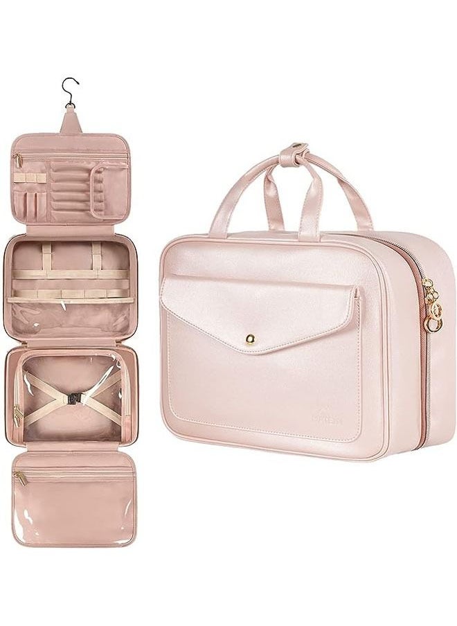 Arabest Hanging Travel Makeup Bag for Women, Large Waterproof Cosmetic Bags Travel Organizer Full Sized Container with Elastic Band Holders for Toiletries, Cosmetics, Brushes, Bottle, Pink  - Image 1