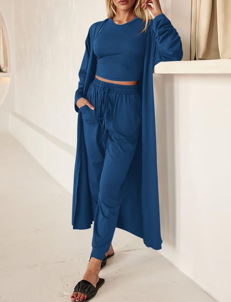 KIRUNDO 3 Piece Lounge Sets for Women Airport Travel Vacation Outfits Spring Cardigan Matching Sleeveless Top Jogger Pants(Dark Blue, Large) - Image 4