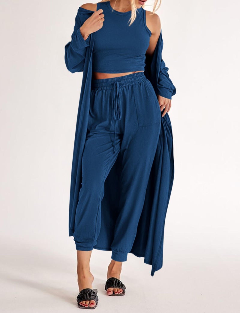 KIRUNDO 3 Piece Lounge Sets for Women Airport Travel Vacation Outfits Spring Cardigan Matching Sleeveless Top Jogger Pants(Dark Blue, Large) - Image 3