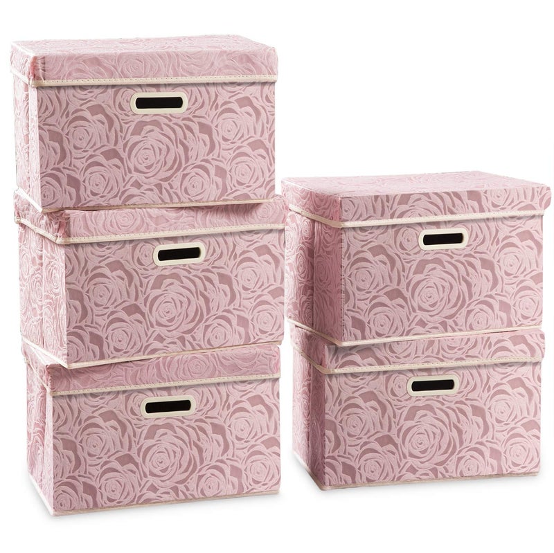PRANDOM Collapsible Storage Boxes with Lids 5Pack Fabric Decorative Storage Bins Cubes Organizer Containers Baskets with Cover Handles Divider for Bedroom Closet Living Room Pink 149x98x98 Inch