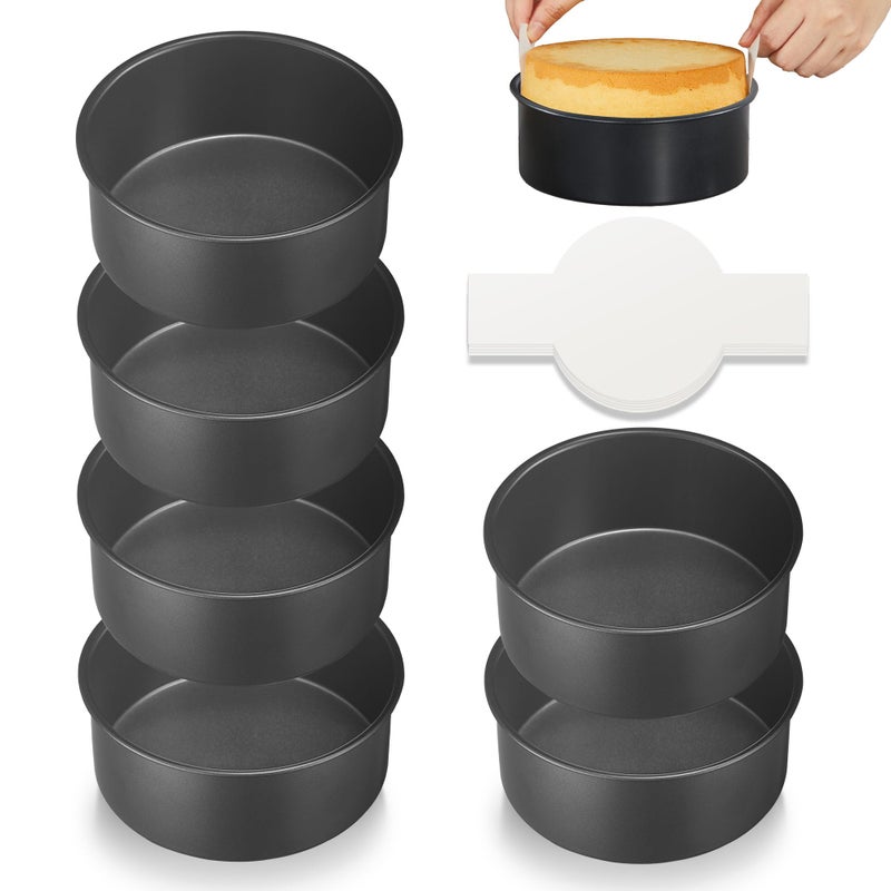 HONGBAKE 6 Inch Cake Pans for Baking Round Small Layer Cake Pan Set with 120 Pieces Parchment Paper Nonstick Circle Cheesecake Tin 4 Pieces Heavy Duty Grey