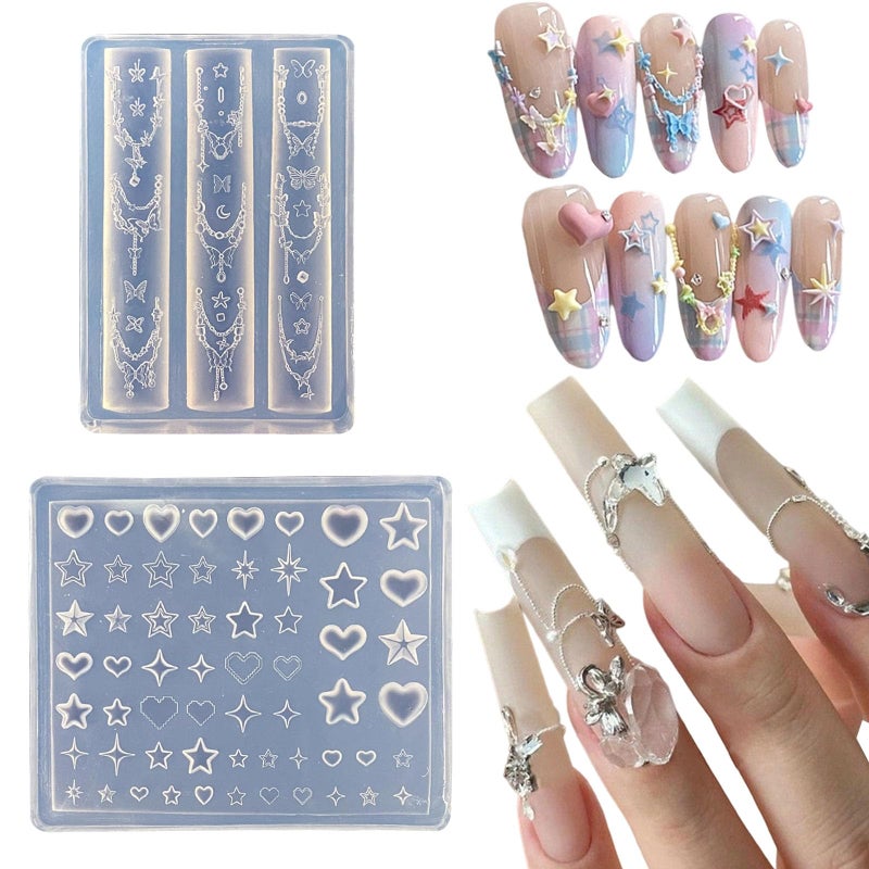 Jaczora 2PCS 3D Silicone Nail Art Molds, Stars, Chain and Hearts Y2k Design Template for Professional and DIY Manicure Decoration - Image 1