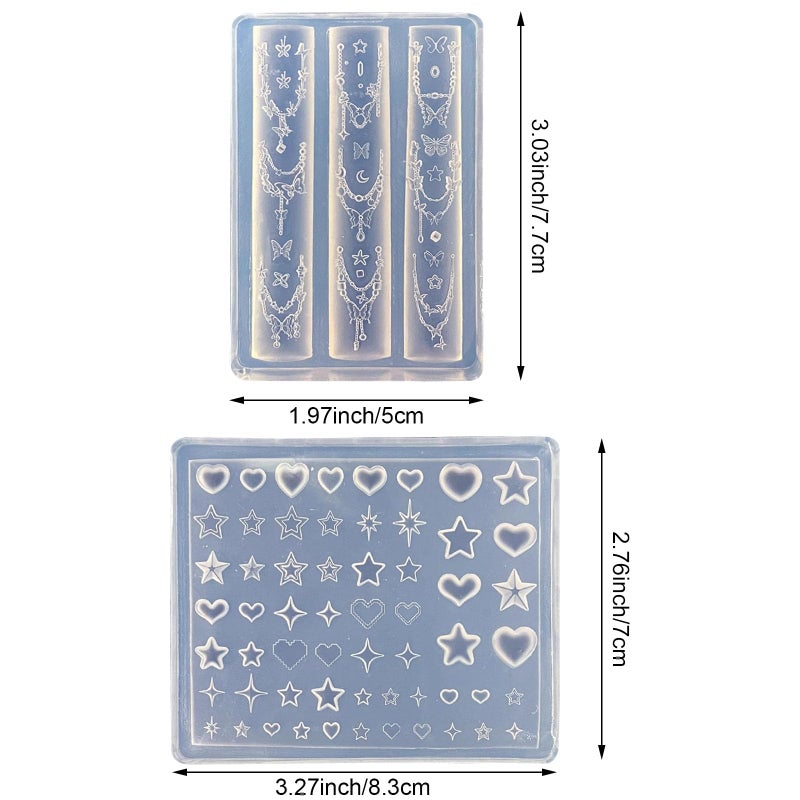 Jaczora 2PCS 3D Silicone Nail Art Molds, Stars, Chain and Hearts Y2k Design Template for Professional and DIY Manicure Decoration - Image 2