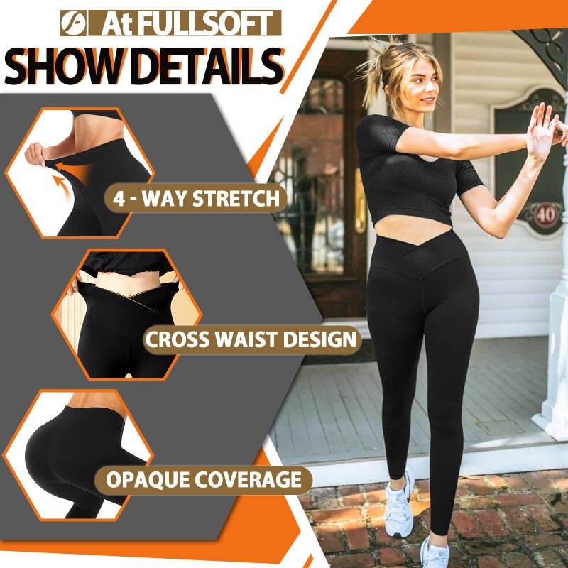 FULLSOFT 3 Pack Black Crossover Leggings for Women-Tummy Control No See Through Butt Lifting Workout Running Yoga Pants Tights No Cotton Cute Clothing(3 Pack Black Cross Waist, Small-Medium) - Image 4