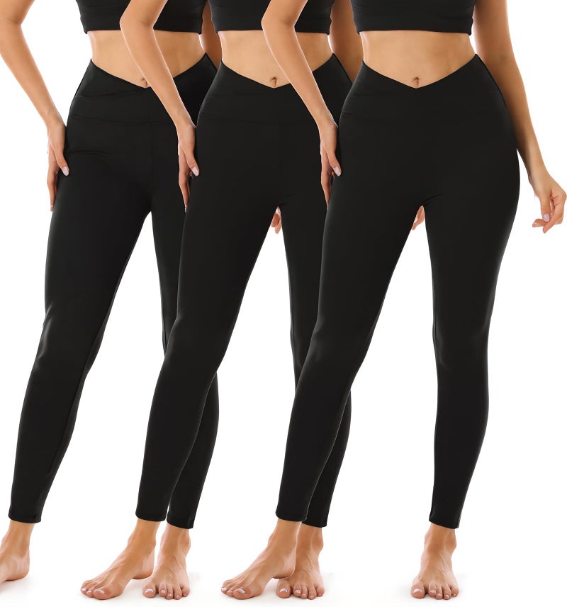 FULLSOFT 3 Pack Black Crossover Leggings for Women-Tummy Control No See Through Butt Lifting Workout Running Yoga Pants Tights No Cotton Cute Clothing(3 Pack Black Cross Waist, Small-Medium) - Image 1