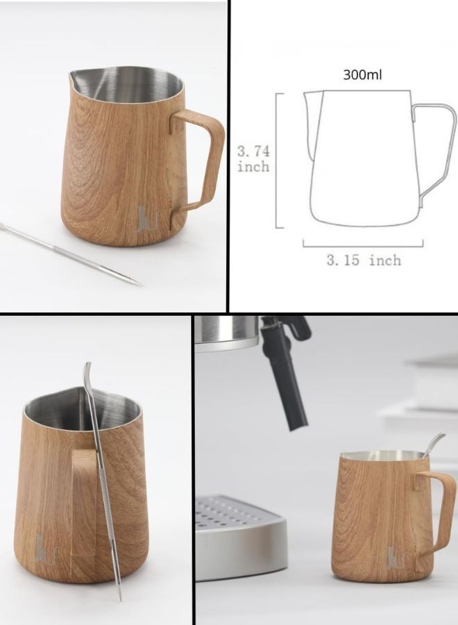 بتشر تبخير الحليب 300 مل اللون خشبي يساعد الباريستا الرسم بقلم التزيين من الفولاذ المقاوم للصدأ مع قلم تزيين - Image 3