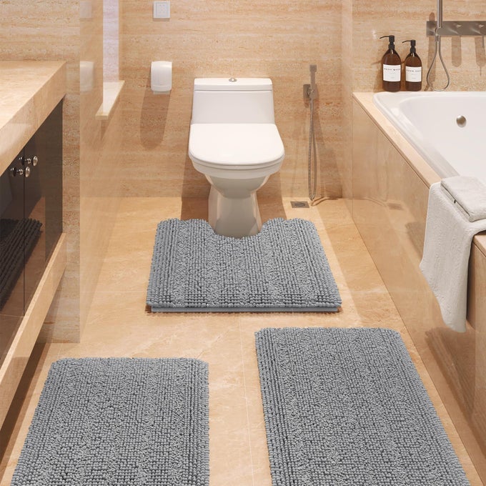 STRIPED LIGHT GREY BATHROOM RUG SET 3 PIECES GRAY ULTRA SOFT NON SLIP CHENILLE TOILET MAT ABSORBENT PLUSH SHAGGY BATH MATS FOR BATHROOM BEDROOM KITCHEN