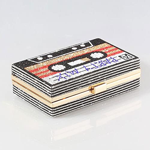 Lobagve Van Caro Retro Cassette Tape Purse Rhinestone Box Evening Clutch Bag Crossbody Shoulder Handbag for Women,Black - Image 2