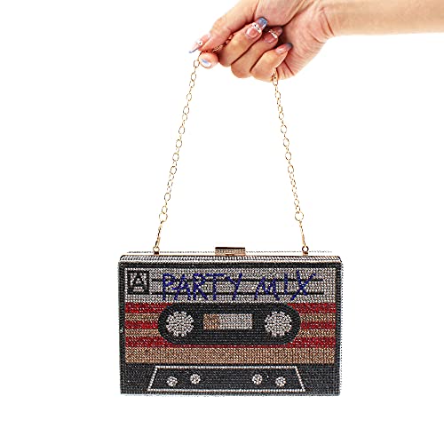 Lobagve Van Caro Retro Cassette Tape Purse Rhinestone Box Evening Clutch Bag Crossbody Shoulder Handbag for Women,Black - Image 3