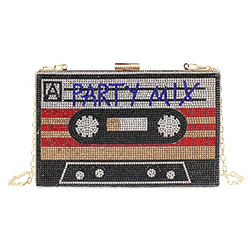 Lobagve Van Caro Retro Cassette Tape Purse Rhinestone Box Evening Clutch Bag Crossbody Shoulder Handbag for Women,Black - Image 1