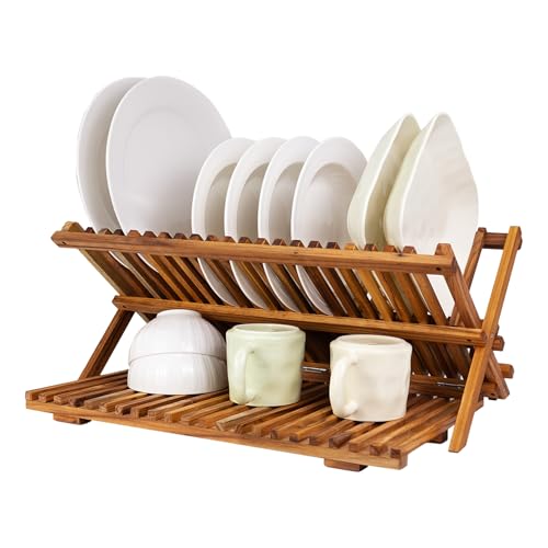Utoplike Large Teak Dish Drying Rack Wooden 3 Tier Collapsible Dish Draine for Countertop Kitchen Organizer for Pasta Plates Cups - Image 1