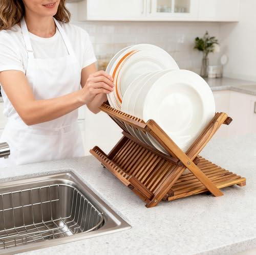 Utoplike Large Teak Dish Drying Rack Wooden 3 Tier Collapsible Dish Draine for Countertop Kitchen Organizer for Pasta Plates Cups - Image 3