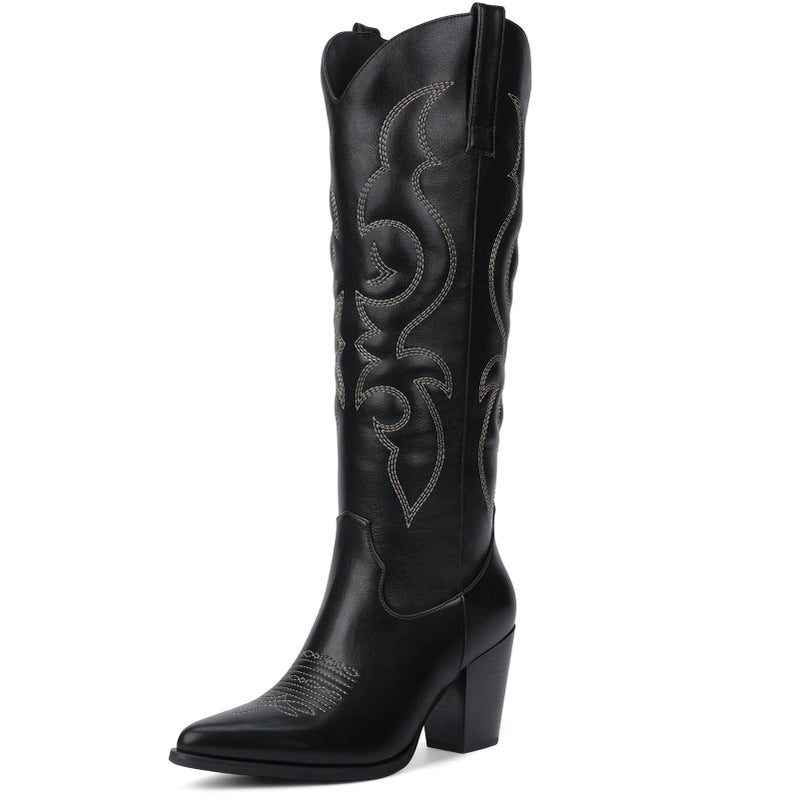Pasuot Cowboy Boots for Women - Western Knee High Cowgirl Boots with Side Zipper, Retro Pointed Toe Tall Block Heel Pull On Long Boot Fall Winter Concert Rodeo Festival Daily BlackSize 8 - Image 1
