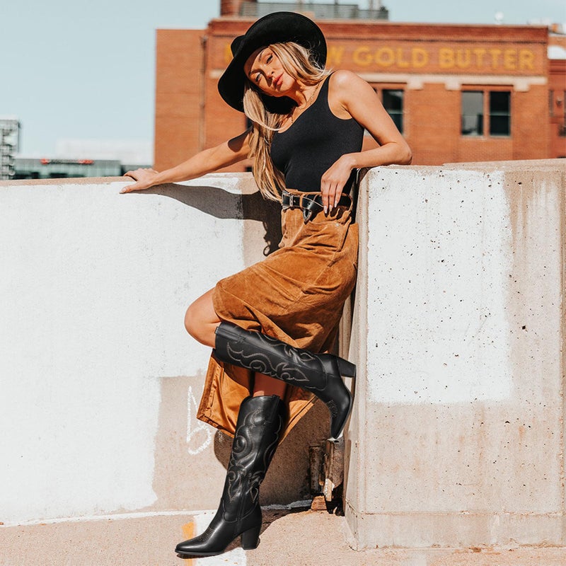 Pasuot Cowboy Boots for Women - Western Knee High Cowgirl Boots with Side Zipper, Retro Pointed Toe Tall Block Heel Pull On Long Boot Fall Winter Concert Rodeo Festival Daily BlackSize 8 - Image 3