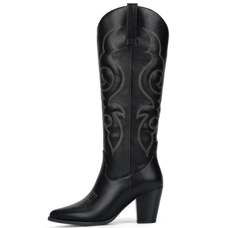 Pasuot Cowboy Boots for Women - Western Knee High Cowgirl Boots with Side Zipper, Retro Pointed Toe Tall Block Heel Pull On Long Boot Fall Winter Concert Rodeo Festival Daily BlackSize 8 - Image 5