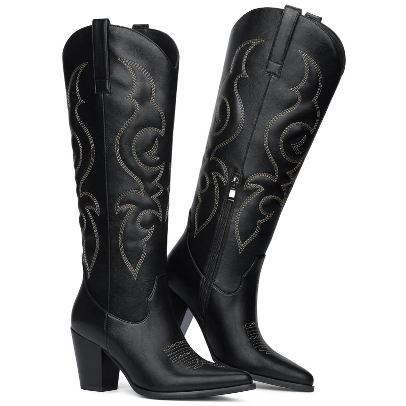 Pasuot Cowboy Boots for Women - Western Knee High Cowgirl Boots with Side Zipper, Retro Pointed Toe Tall Block Heel Pull On Long Boot Fall Winter Concert Rodeo Festival Daily BlackSize 8 - Image 4