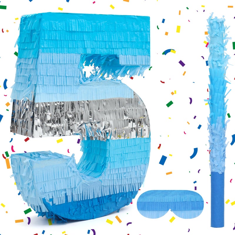Birchio Number 5 Pinata Bundle with a Blindfold and Bat162 x 11 x 4 Inches Perfect for Boys and Girls Birthday Party Supplies Blue Theme Birthday Decoration - Image 3