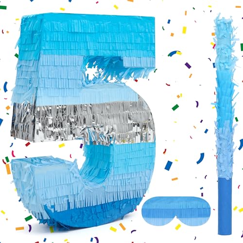 Birchio Number 5 Pinata Bundle with a Blindfold and Bat162 x 11 x 4 Inches Perfect for Boys and Girls Birthday Party Supplies Blue Theme Birthday Decoration - Image 1