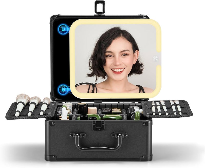 OMIRO Makeup Case, Travel Makeup Bag with Light Up Mirror Set, Makeup Organizer Box with Magnet Travel Makeup Mirror for Women and Girls (Black) - Image 1