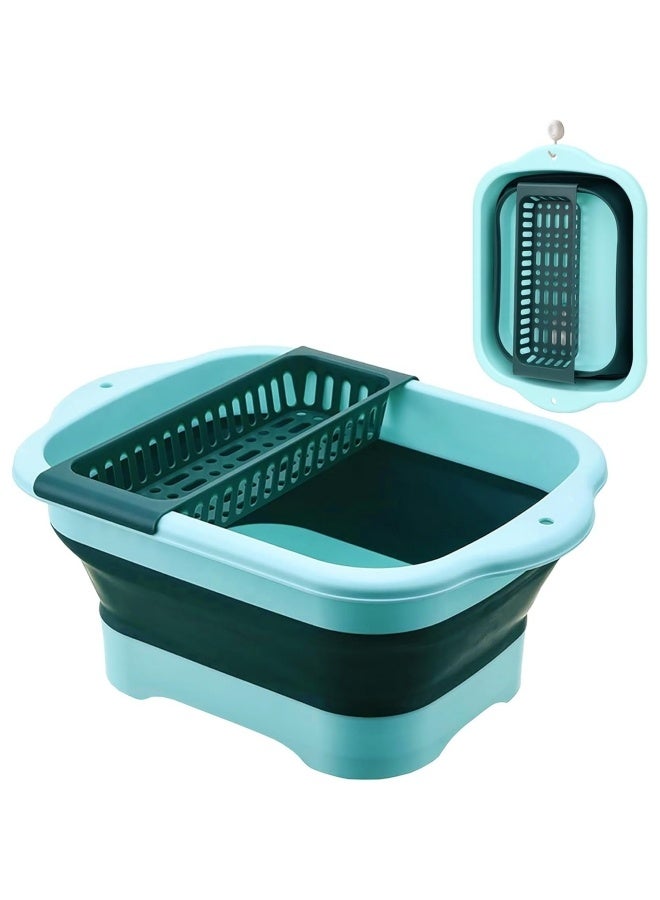 Collapsible Dish Basin with Drain Plug, Outdoor Multiuse Foldable Sink Tub, Dishpan, Wash Basin, Portable Kitchen Storage Tray for Camping, RV, Beverage Bucket (Blue+Dark Green) - Image 1