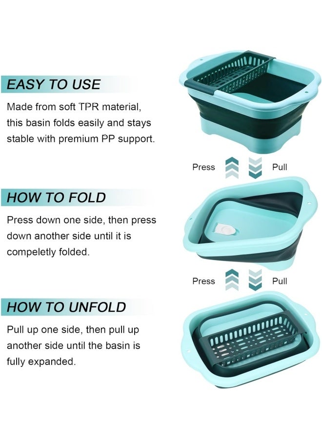 Collapsible Dish Basin with Drain Plug, Outdoor Multiuse Foldable Sink Tub, Dishpan, Wash Basin, Portable Kitchen Storage Tray for Camping, RV, Beverage Bucket (Blue+Dark Green) - Image 2