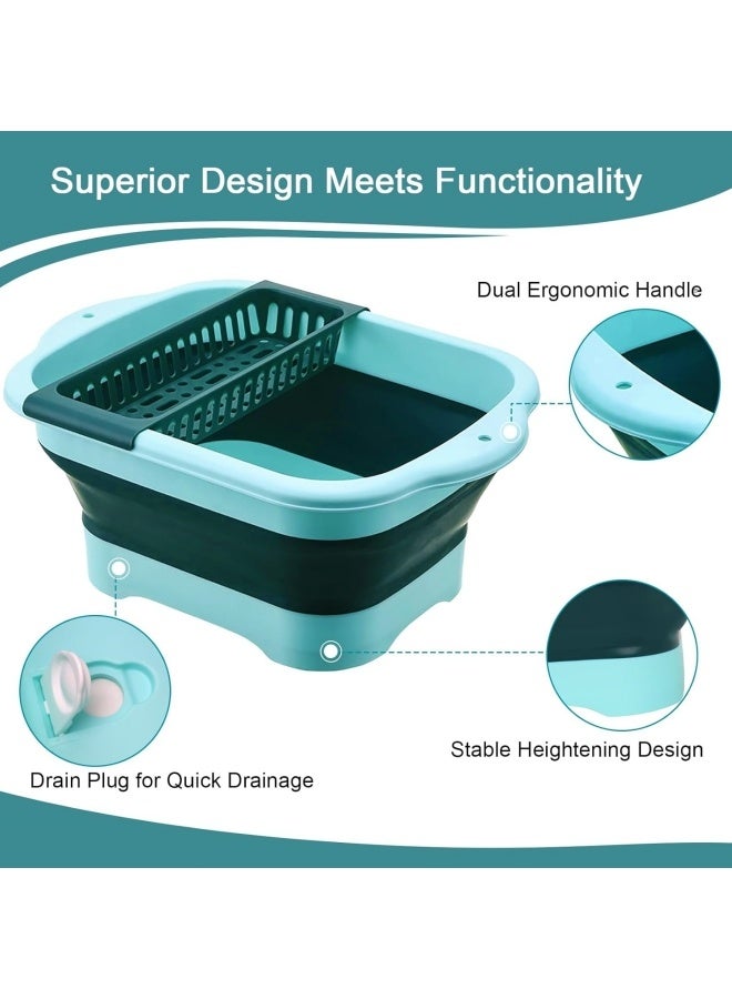Collapsible Dish Basin with Drain Plug, Outdoor Multiuse Foldable Sink Tub, Dishpan, Wash Basin, Portable Kitchen Storage Tray for Camping, RV, Beverage Bucket (Blue+Dark Green) - Image 3