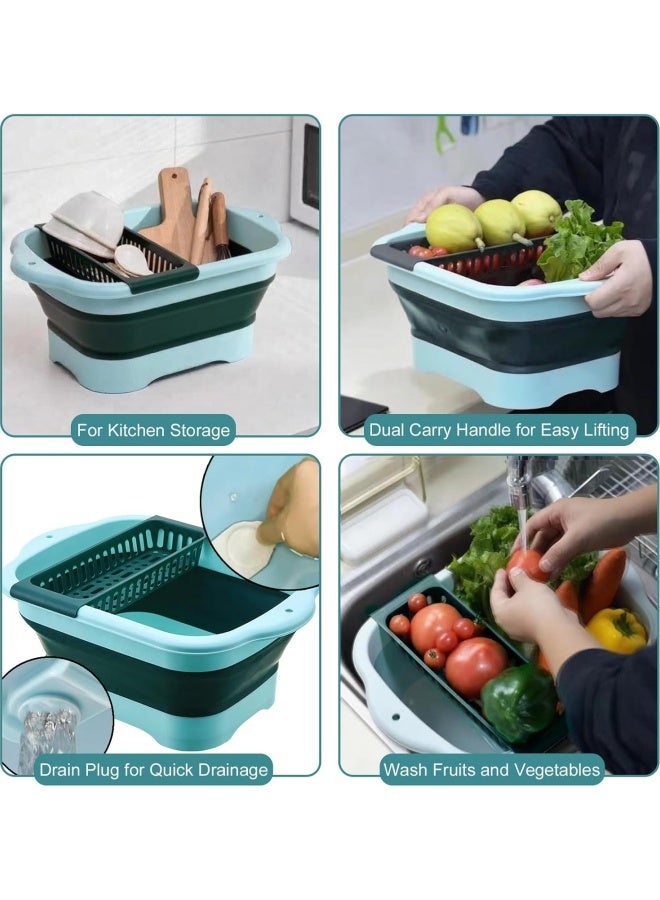 Collapsible Dish Basin with Drain Plug, Outdoor Multiuse Foldable Sink Tub, Dishpan, Wash Basin, Portable Kitchen Storage Tray for Camping, RV, Beverage Bucket (Blue+Dark Green) - Image 5