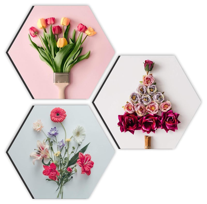 SAF paintings Preety Flower and Leaf in Cone Pot 3 Pieces UV Textured Multi-Effect Self adheshive Painting 17 Inch X 17 Inch SANFHX31155 - Image 1