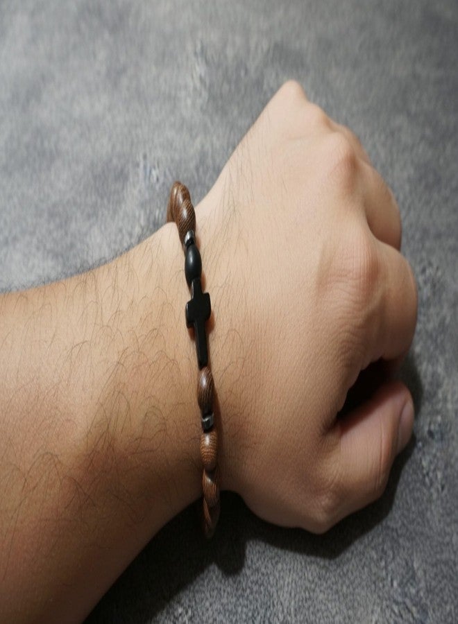 ANAIZA Men’s Beaded Bracelet with Cross – Natural Wood & Matte Black Stone Beads, Stretch Adjustable Wristband, Spiritual Prayer Bracelet for unisex - Image 3