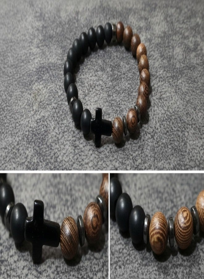 ANAIZA Men’s Beaded Bracelet with Cross – Natural Wood & Matte Black Stone Beads, Stretch Adjustable Wristband, Spiritual Prayer Bracelet for unisex - Image 5