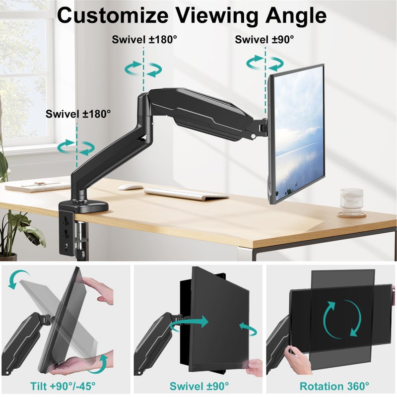 MOUNT PRO Single Monitor Desk Mount - Articulating Gas Spring Arm, Removable VESA Monitor Mount Computer Monitor Stand with Clamp and Grommet Base Fits 13 to 32 Inch Screen, VESA 75x75, 100x100, Black - Image 4