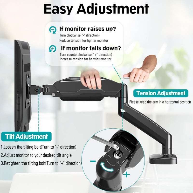 MOUNT PRO Single Monitor Desk Mount - Articulating Gas Spring Arm, Removable VESA Monitor Mount Computer Monitor Stand with Clamp and Grommet Base Fits 13 to 32 Inch Screen, VESA 75x75, 100x100, Black - Image 2