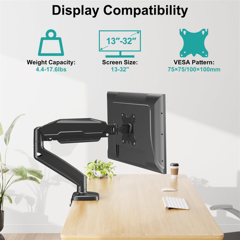 MOUNT PRO Single Monitor Desk Mount - Articulating Gas Spring Arm, Removable VESA Monitor Mount Computer Monitor Stand with Clamp and Grommet Base Fits 13 to 32 Inch Screen, VESA 75x75, 100x100, Black - Image 3