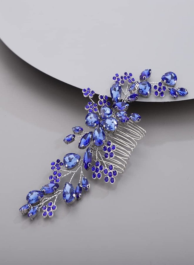 BERYUAN Teardrop Flower Crystal Hair Comb for Women Cute Crystal Comb for Bride BLUE - Image 3