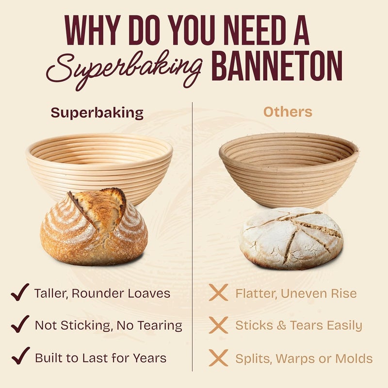 Superbaking Banneton Bread Proofing Basket, Sourdough Bread Baking Supplies, Round 9 Inch Sourdough Starter Kit, Proofing Basket for Baking, Bread Making Supplies Tools, Banneton Basket Gift Set - Image 4