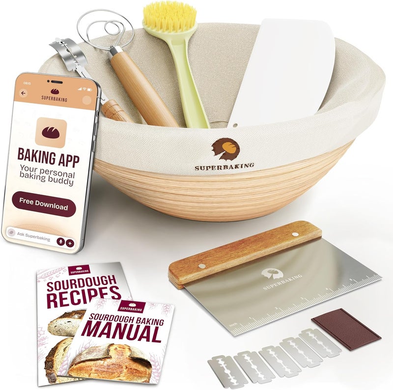Superbaking Banneton Bread Proofing Basket, Sourdough Bread Baking Supplies, Round 9 Inch Sourdough Starter Kit, Proofing Basket for Baking, Bread Making Supplies Tools, Banneton Basket Gift Set - Image 1