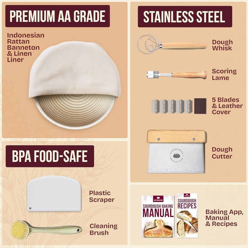 Superbaking Banneton Bread Proofing Basket, Sourdough Bread Baking Supplies, Round 9 Inch Sourdough Starter Kit, Proofing Basket for Baking, Bread Making Supplies Tools, Banneton Basket Gift Set - Image 2