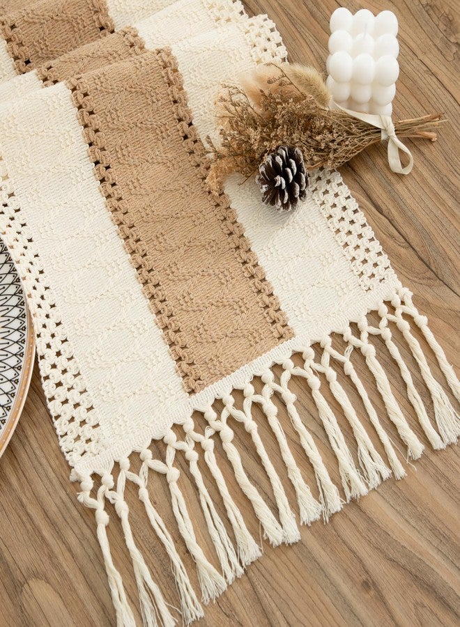 Counfeisly Boho Brown Table Runner 72 Inches Long with Tassels, Macrame Summer Farmhouse Woven Cotton Linen Table Runner for Small Dresser Scarf Home Decor Dining Room, 12x72 Inches - Image 1