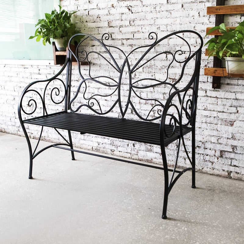 HLC Outdoor Bench Outdoor Sturdy Rust-Resistant Bench Butterfly Cast Iron with Armrests Park,Yard, Patio, Porch, Lawn Double Seats - Image 1