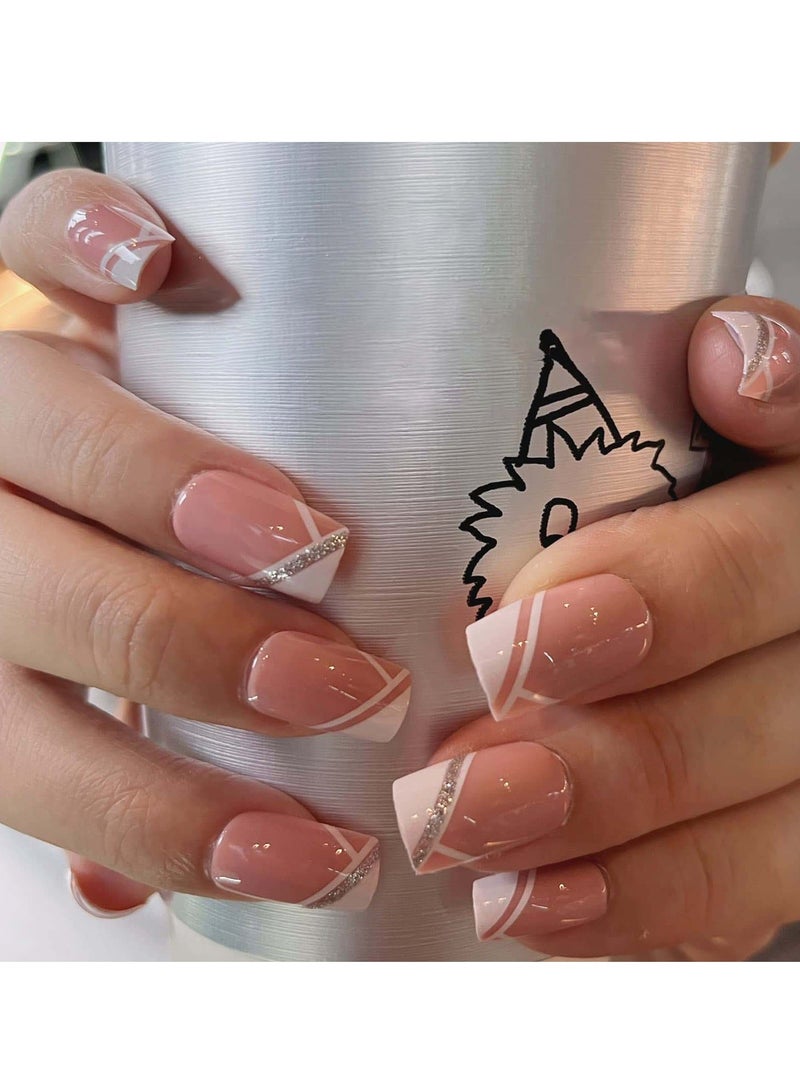 Generic Press on Nails, 24 Pcs Short French Pink Square Glossy False Nails Full Cover Sticks on Nails Medium Acrylic Nails Art Tips Salon Nude Manicure for Women - Image 1