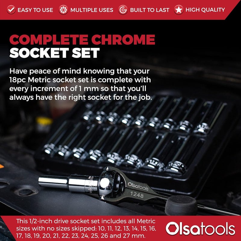 Olsa Tools Metric Deep Socket Set - 1/2-Inch Drive, 18pc - 6-Point Chrome Sockets from 10mm–27mm and No Skipped Sizes - Mechanic Deep Metric Socket Set - Professional Grade Long Sockets - Part: 1325 - Image 2