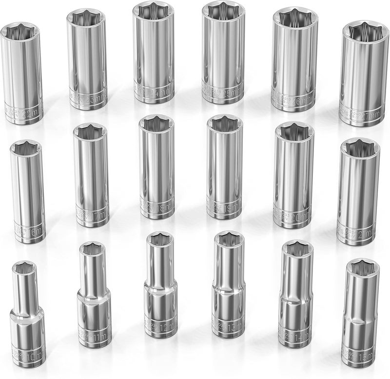 Olsa Tools Metric Deep Socket Set - 1/2-Inch Drive, 18pc - 6-Point Chrome Sockets from 10mm–27mm and No Skipped Sizes - Mechanic Deep Metric Socket Set - Professional Grade Long Sockets - Part: 1325 - Image 1