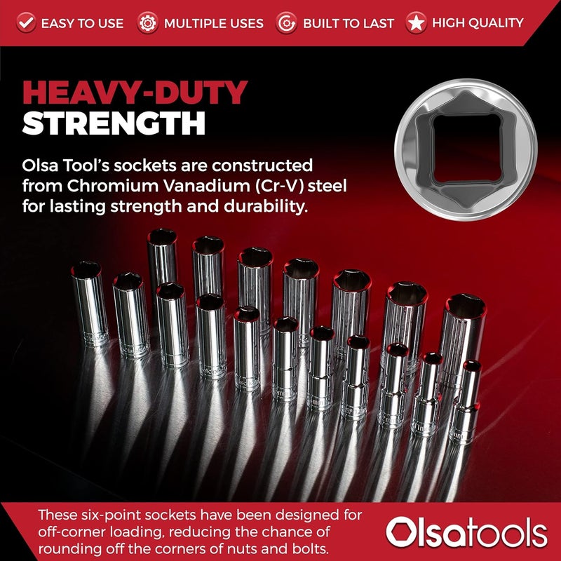Olsa Tools Metric Deep Socket Set - 1/2-Inch Drive, 18pc - 6-Point Chrome Sockets from 10mm–27mm and No Skipped Sizes - Mechanic Deep Metric Socket Set - Professional Grade Long Sockets - Part: 1325 - Image 4