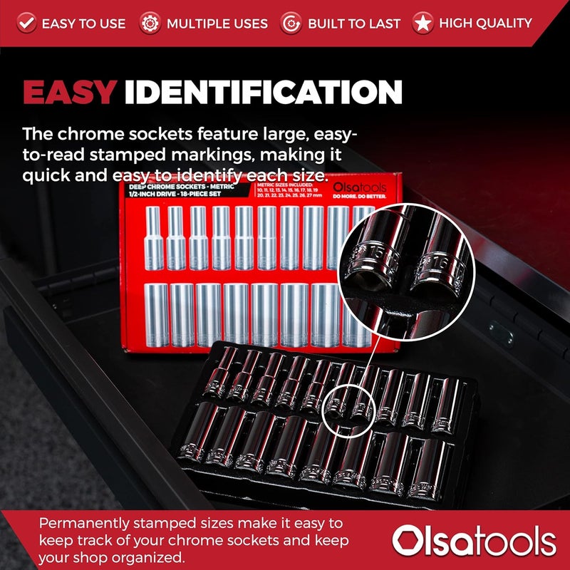 Olsa Tools Metric Deep Socket Set - 1/2-Inch Drive, 18pc - 6-Point Chrome Sockets from 10mm–27mm and No Skipped Sizes - Mechanic Deep Metric Socket Set - Professional Grade Long Sockets - Part: 1325 - Image 3