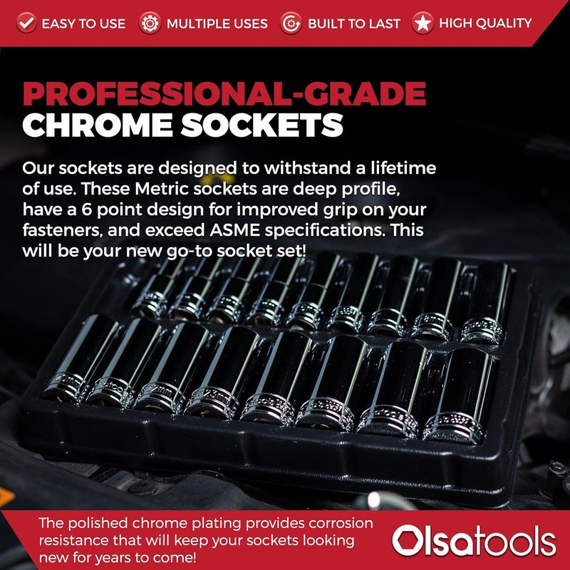 Olsa Tools Metric Deep Socket Set - 1/2-Inch Drive, 18pc - 6-Point Chrome Sockets from 10mm–27mm and No Skipped Sizes - Mechanic Deep Metric Socket Set - Professional Grade Long Sockets - Part: 1325 - Image 5