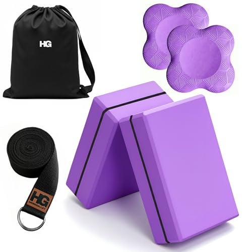 HOMEGALLEY Yoga Blocks Pack of 2 with Belt and 2 Knee Pad for Exercise, Yoga, Pilates & Gym Block Pair to Improve Strength, Balance, Stretching Yoga Bricks Set with Strap for Women and Men, Purple - Image 1